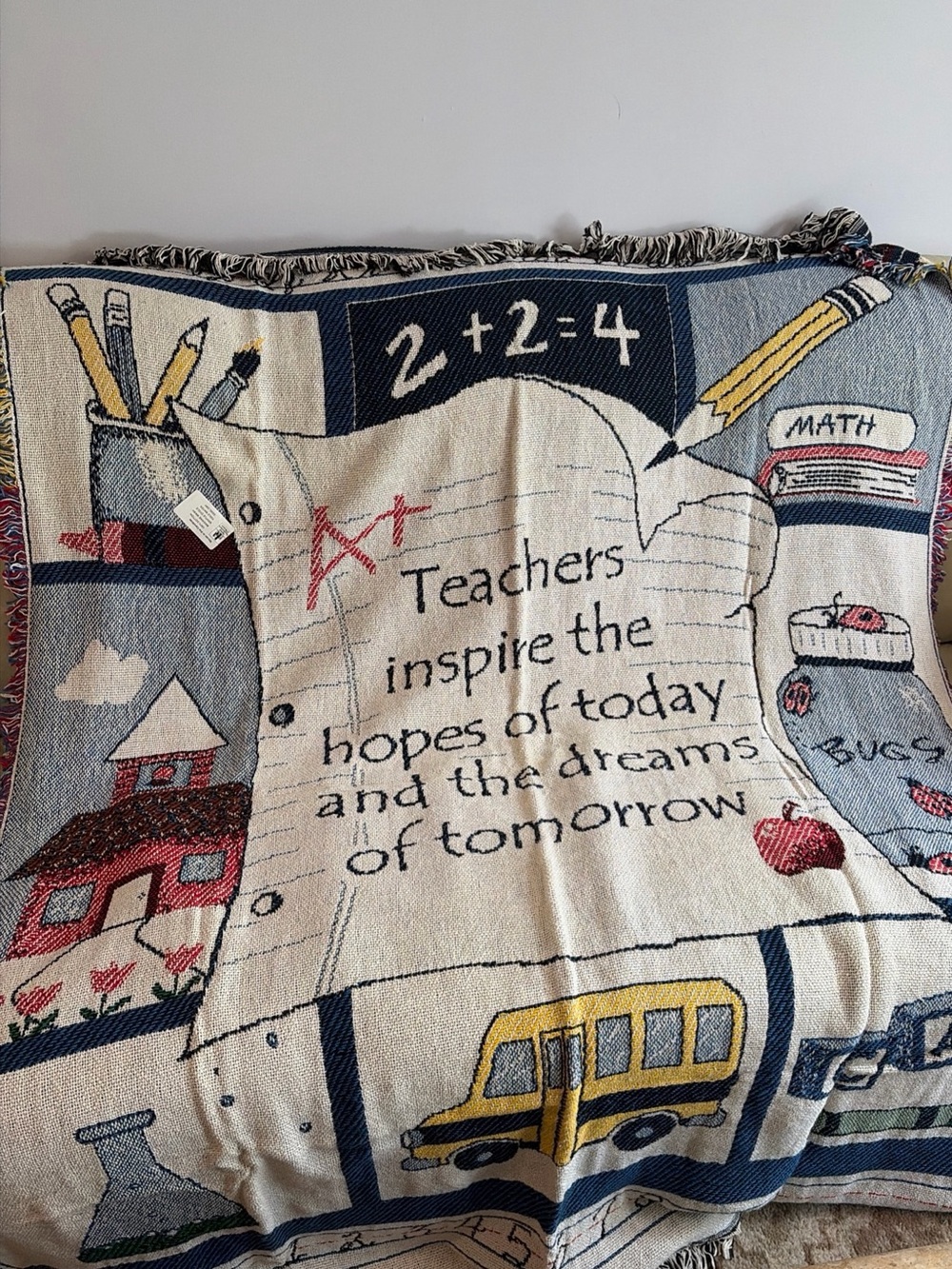 Teacher Appreciation Gift Woven Throw Blanket  Tapestry School Apple Bus Crayons